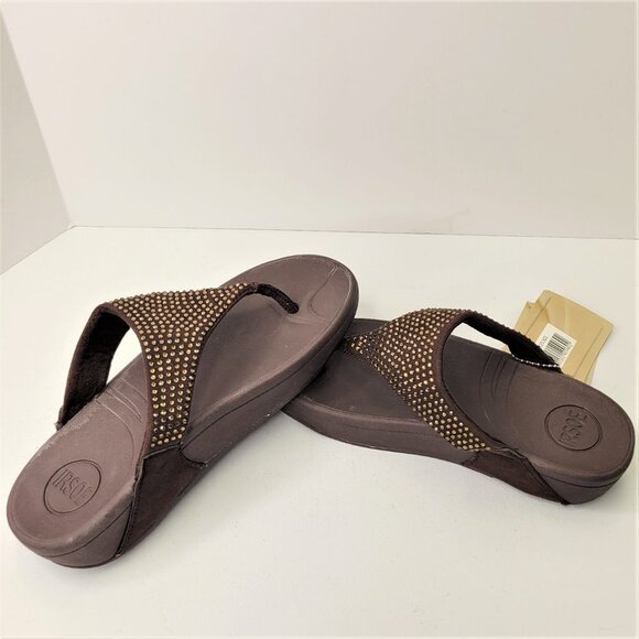 BROWN Size 8 Gold Crystal Women Sandals Wedge Heel Arch Support Comfy Flip Flops - Picture 5 of 15